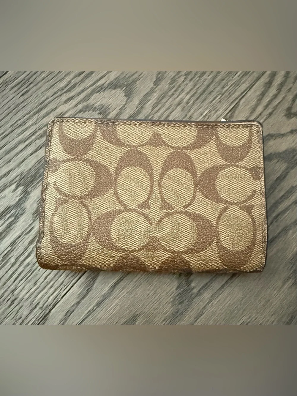 Coach Signature Canvas Compact Wallet - Brown with Pink Trim. Rehab/fair